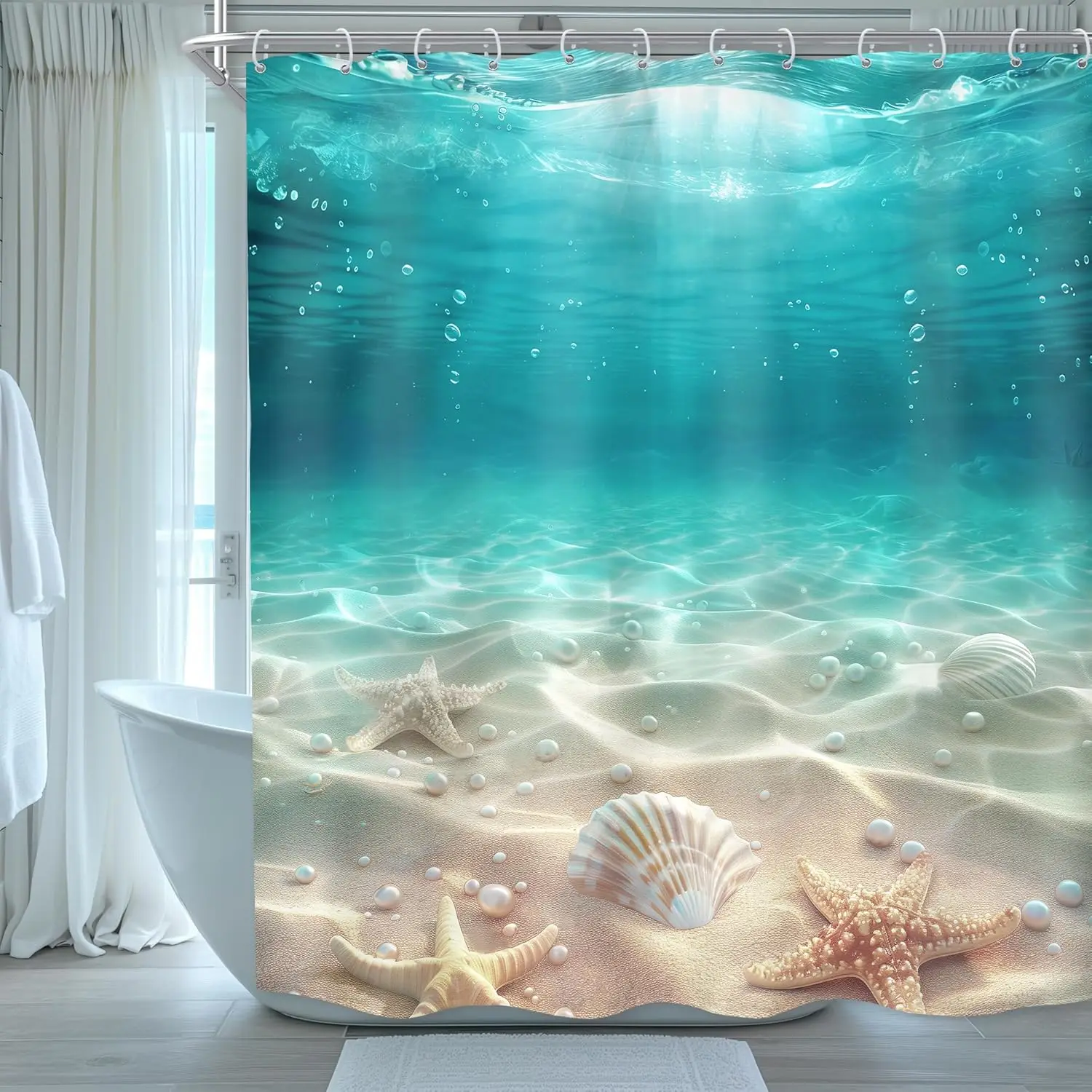 Blue Ocean Shower Curtain with Coastal Sunset Seaside Scenery, Rustic Starfish Shells and Pearls Design Bathroom Set