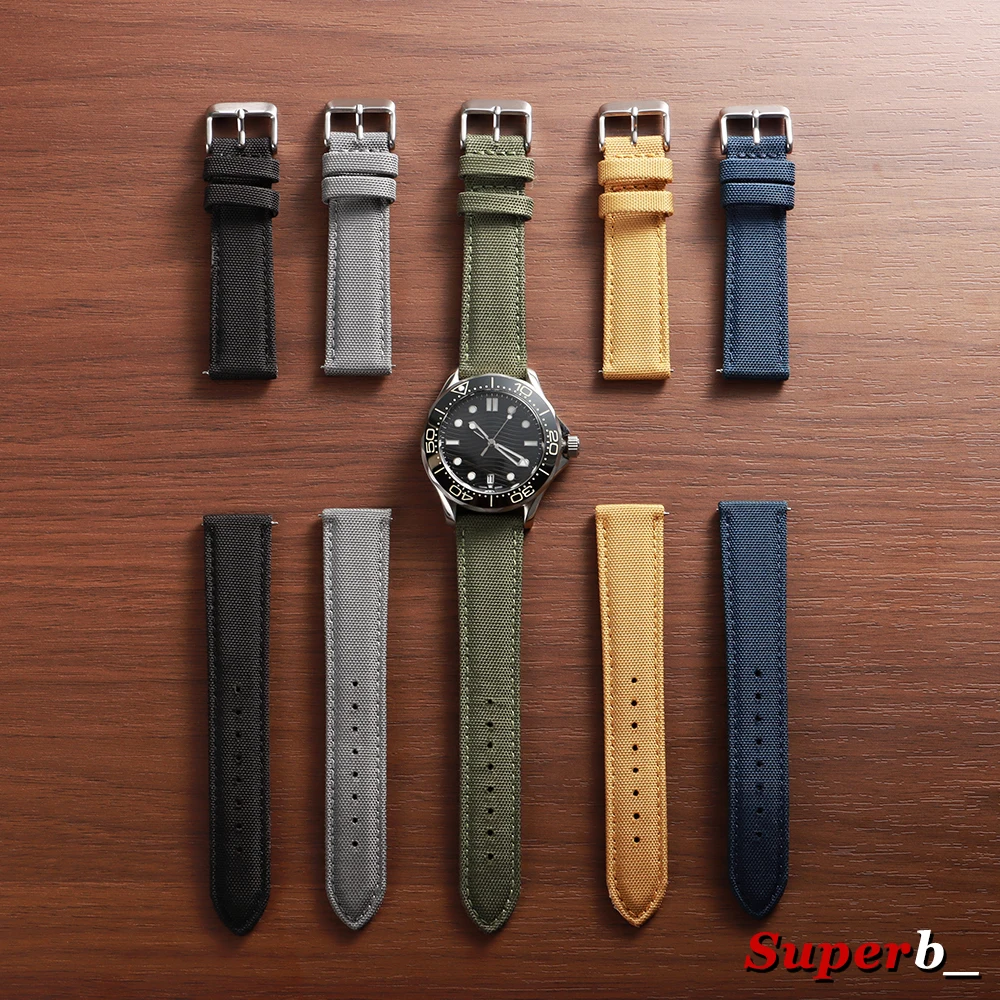 Waterproof Sailcloth Watch Band Quick Release 20mm 22mm Watch Strap Black Double-Sided Nylon Watchband for Blancpain for Omega view 2