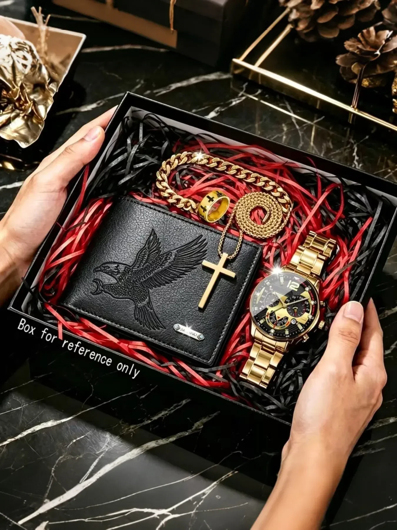 Luxury Men 4 in 1 Gift Set Gold Band Chronograph Watch Eagle PU Wallet Cross Necklace Ring Father Birthday Gift Without Box