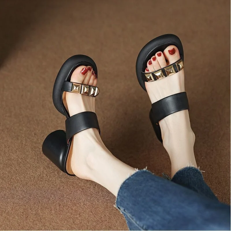 

Fashion High Heels Square Toe Slippers Women 2023 Summer Slip on Thin Heeled Sandals Slides Plus Size 43 Flip Flop Woman Shoes