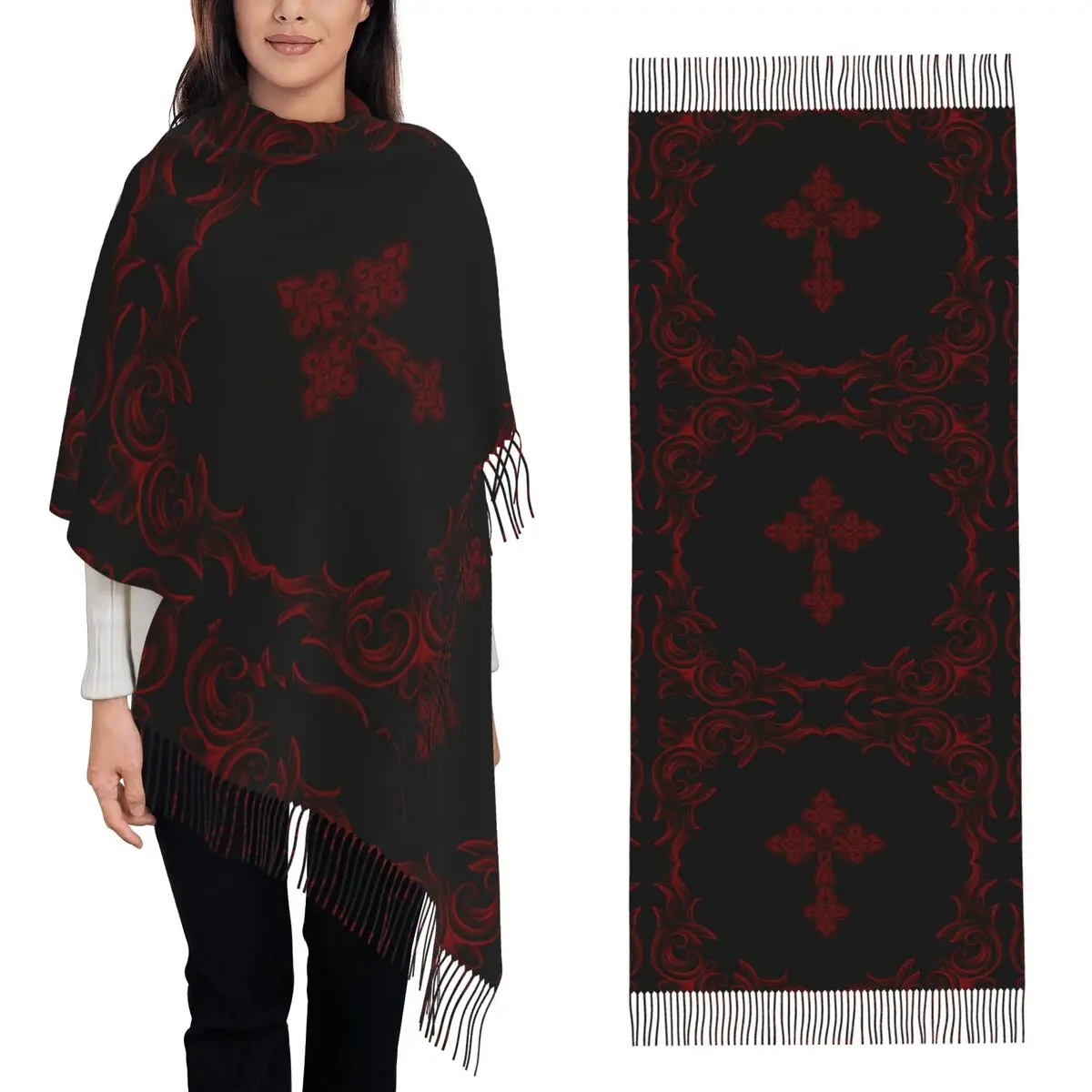 Gothic Vampire Halloween Haunted Mansion Scarf Tassel Scarves for Women Soft Warm Shawls and Wraps Large Fall Winter Shawl Wrap
