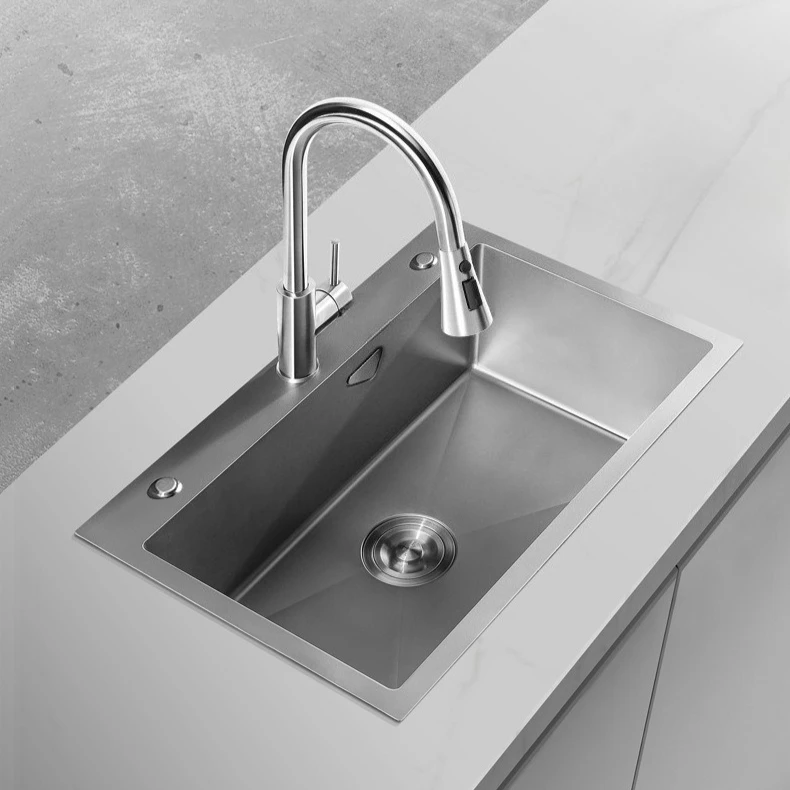 

Kitchen sink, gray, handmade single sink, stainless steel, vegetable basin, dishwashing.