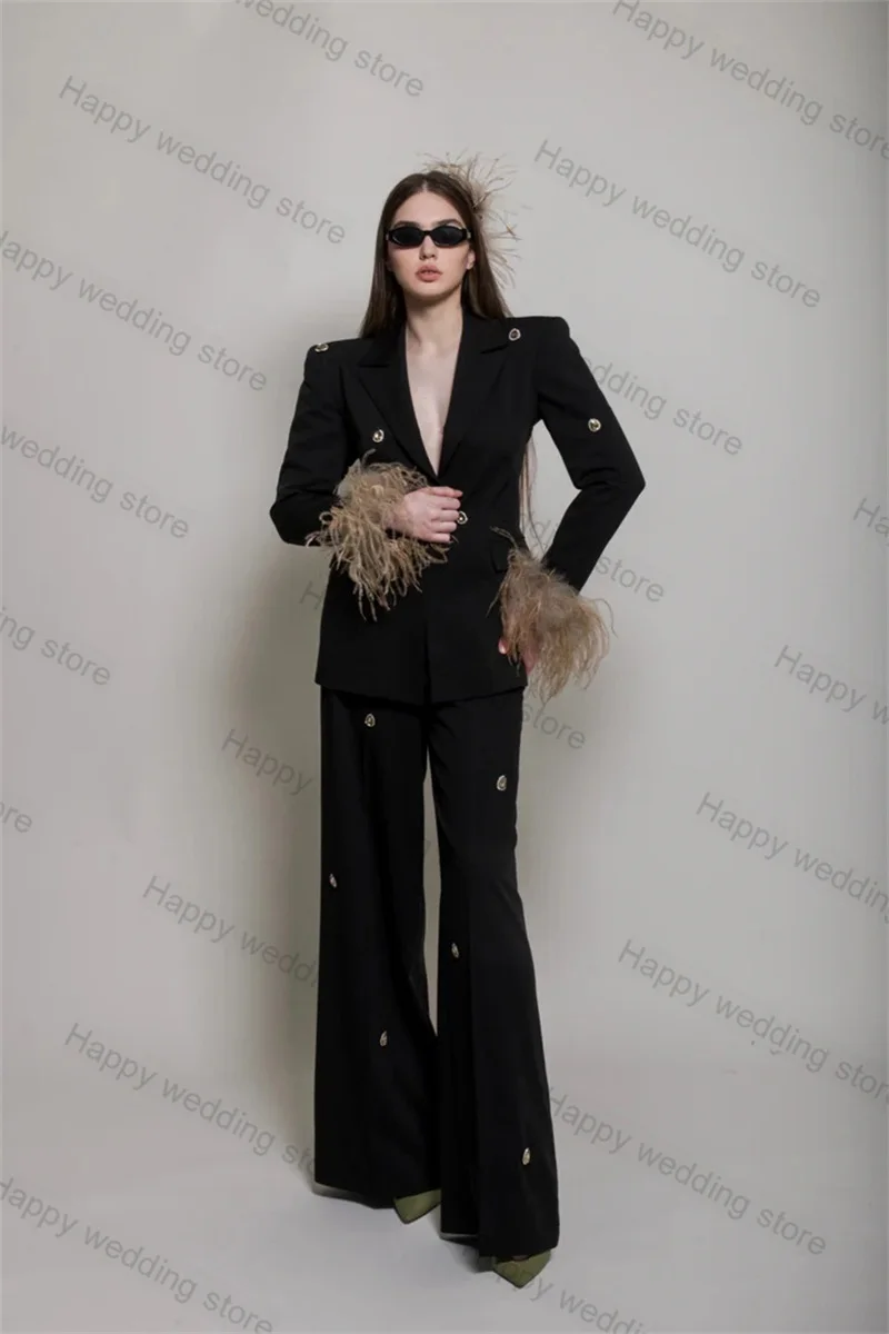 

Black Crystals Feather Women Suit Set 2 Piece Blazer+Trousers Formal Office Lady Wedding Tuxedo Prom Dress Tailored Size Pants