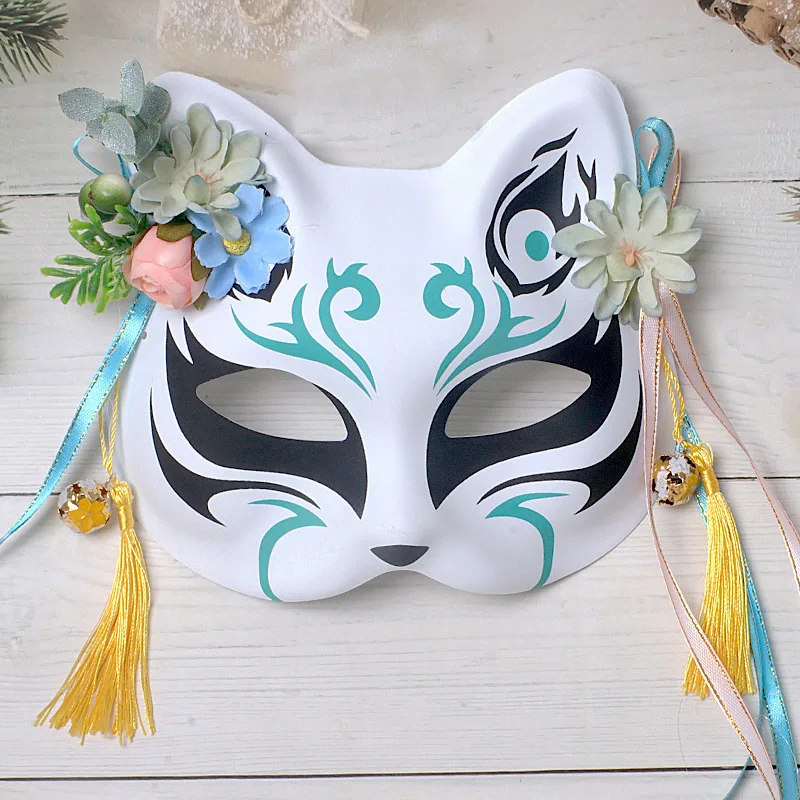 Masque de renard Anime, masque japonais peint à la main, demi-visage, fleur, mascarade, bal de Festival, masques Kabuki, accessoire de Cosplay