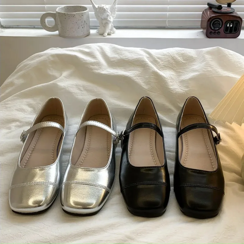 

Children's Leather Shoes Silver Flat Bottom Mary Jane Flats Girl's Shoe Spring Autumn Season Korean Style Round Toe Slip-On