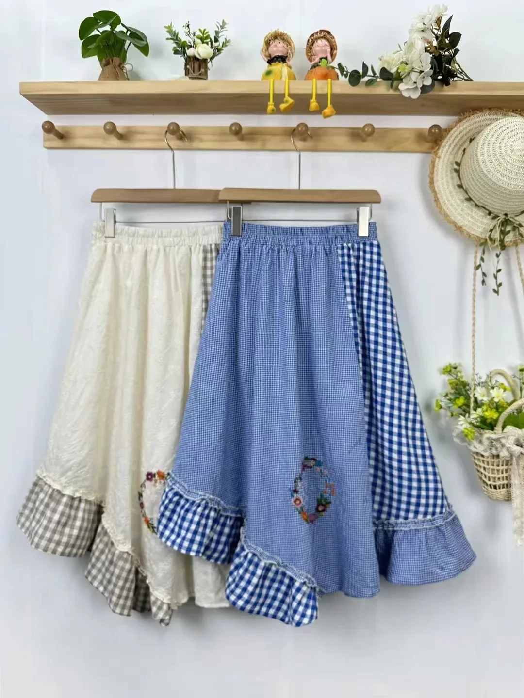 Vintage Plaid Patchwork Pleated Long Skirt Women Korean Preppy Style High Waist Retro Kawaii Skirts Elegant A-Line Tunic Skirts