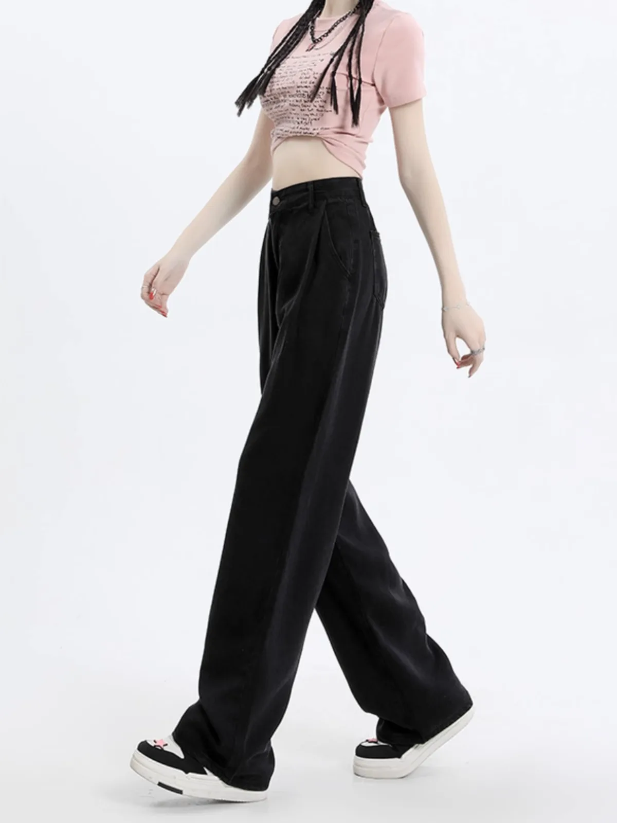 Black High Waist Wide Leg Jeans Women Loose Slimming Summer Thin Lenzing Ice Silk Straight Tube Pants Long Pants Cotton Polye...