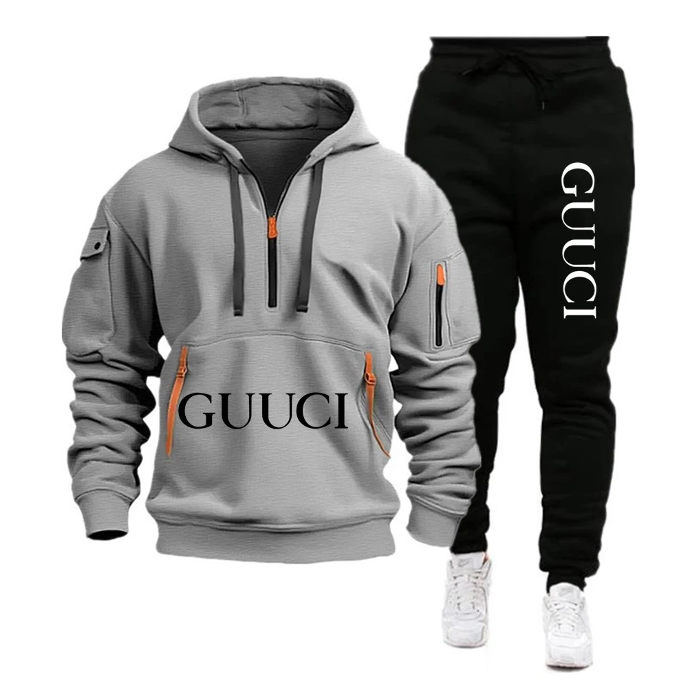 Men\'s Leisure Sports Pullover Multi Zipper Arm Pocket Hoodie Set Autumn/Winter Fashion Hoodie Hoodie Men\'s Loose Coat Pants Suit