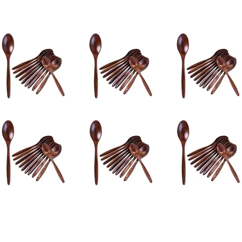 ABKJ-Wooden Spoons, 60 PCS Wood Soup Spoon Set, Long Handle Natural Wood Table Spoons 7.3 Inches