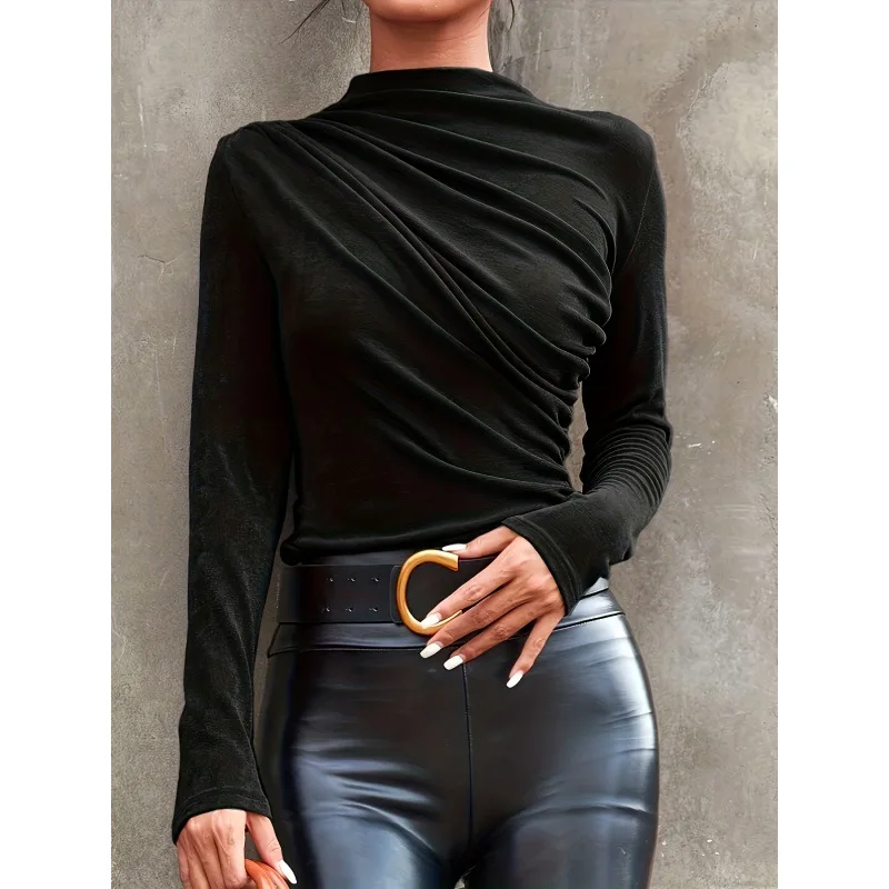 

M 10916 Pleated Slim Base Top Long Sleeve Silk Blend Women's Fashion Spring 2026 Gown Cross-Border Design Elegant
