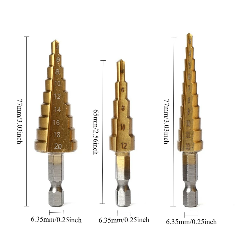3PCS Step Drill Bit Set Titanium Plated Hex Shank Straight Groove Pagoda Drilling Tool Accessories for Home Improvement