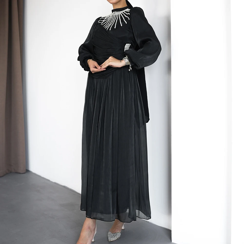 

Customized A-line Evening Dresses Ankle-length High-neck Full Sleeve Prom Gown Fashion Crystal Simple Draped Pleat Party Gown