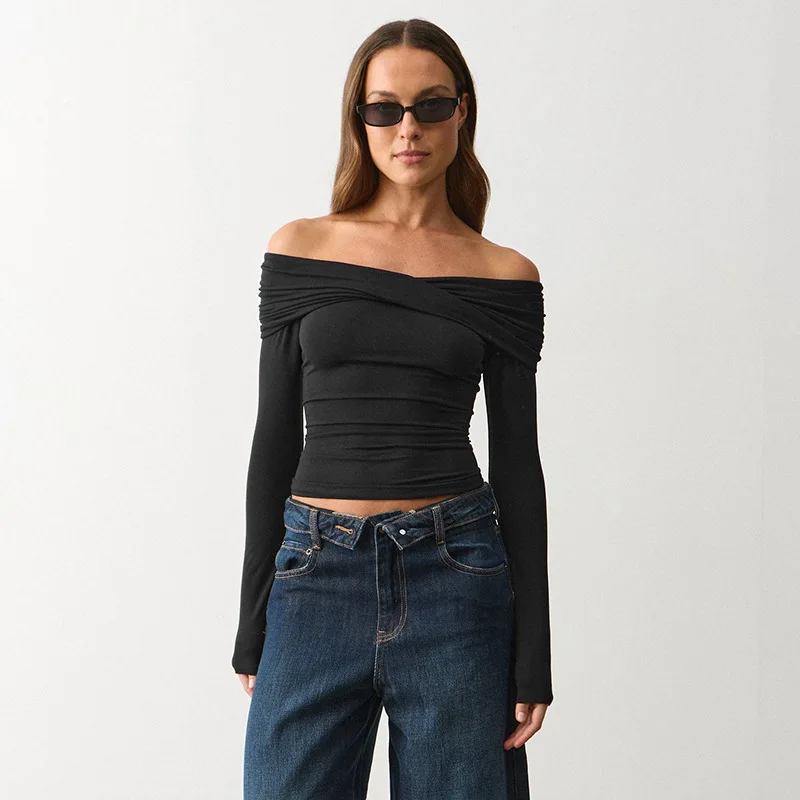 Sexy Twist Slash Neck Off Shoulder Long Sleeve T-shirts Women Elegant Fashion Solid Ruched Slim Fit Casual Tees Club Party Tops