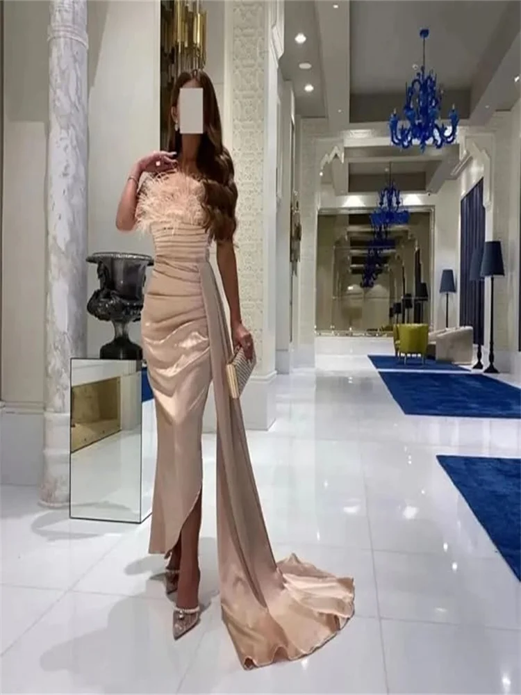 

Feather Evening Dresses Sleeveless Party Dresses 2024 High Neck Formal Occasion Dresses Saudi Arabia Prom Gown فساتين طويلة