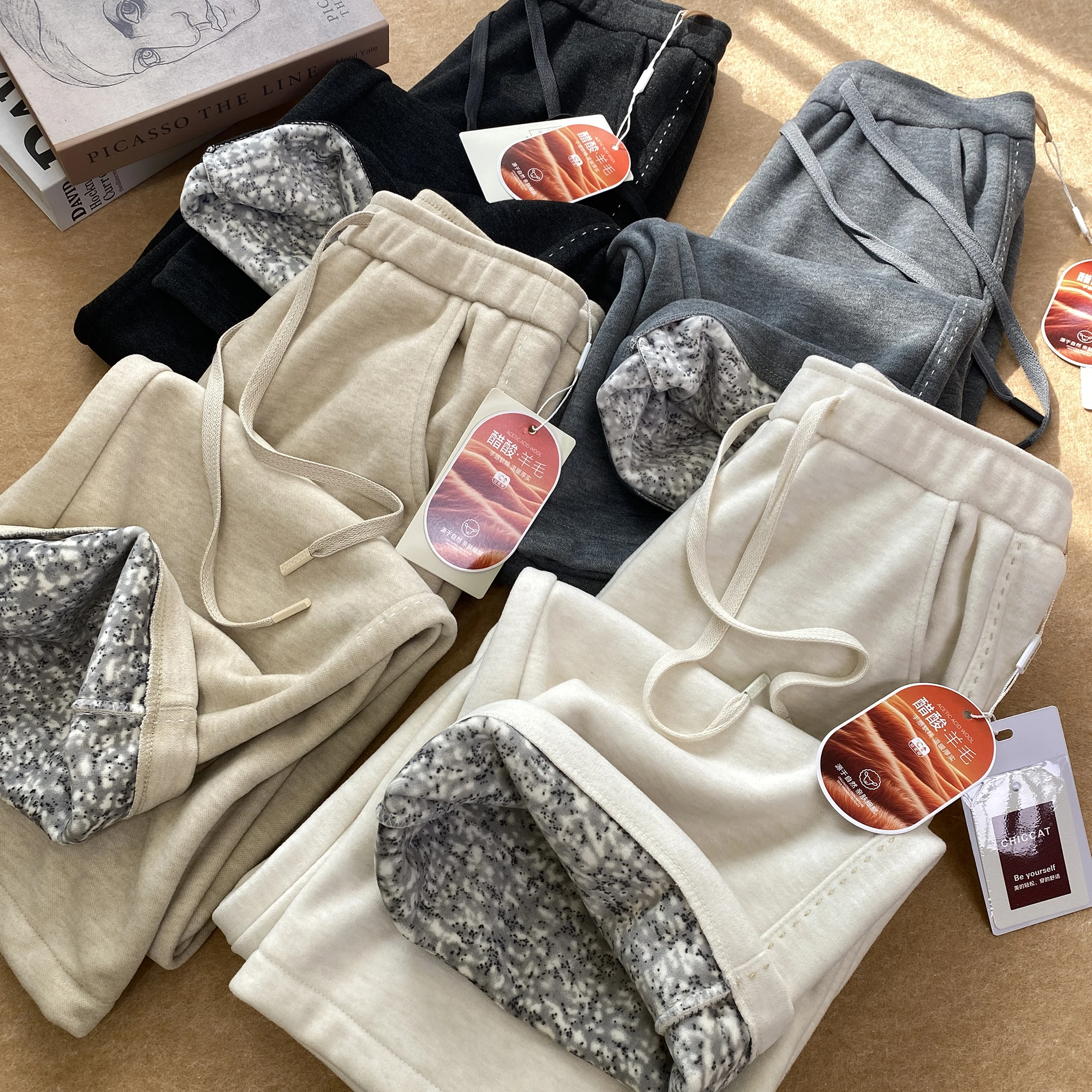 

Утепленные широкие повседневные брюки для женщин с высокой талией, из смесовой шерсти с эффектом снежинок, цельные, из ацетатной шерстяной смеси, зимние, для отдыха