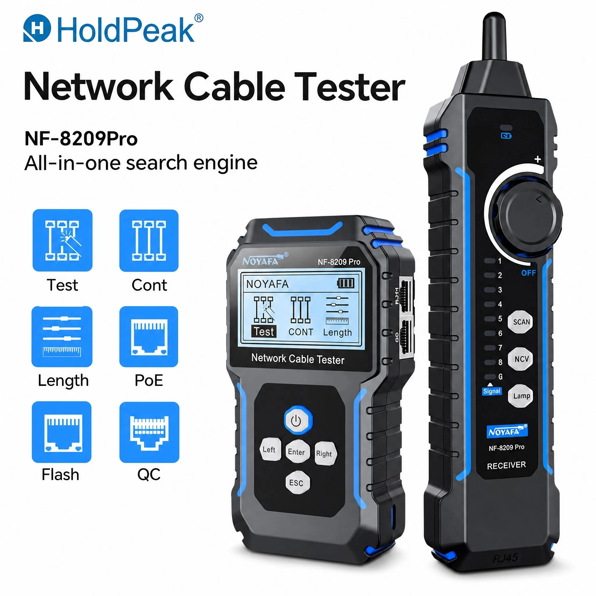 Network Cable Tester Toner and Probe SCAN/CONT/Length/PoE/Port Flash 5-350m Anti-Interference for LAN/CCTV/Network Maintenance