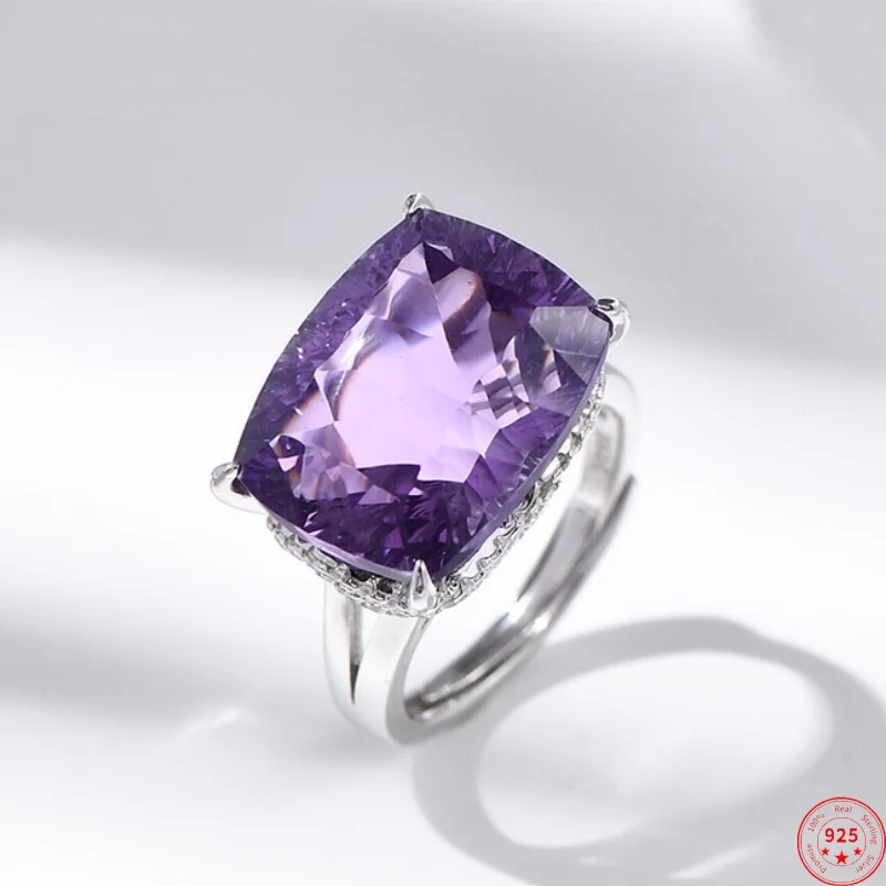 

S925 Sterling Silver Charms Rings for Women New Fashion Argentum Edge Rectangular Natural Amethyst Inlaid Micro Zircon Jewelry