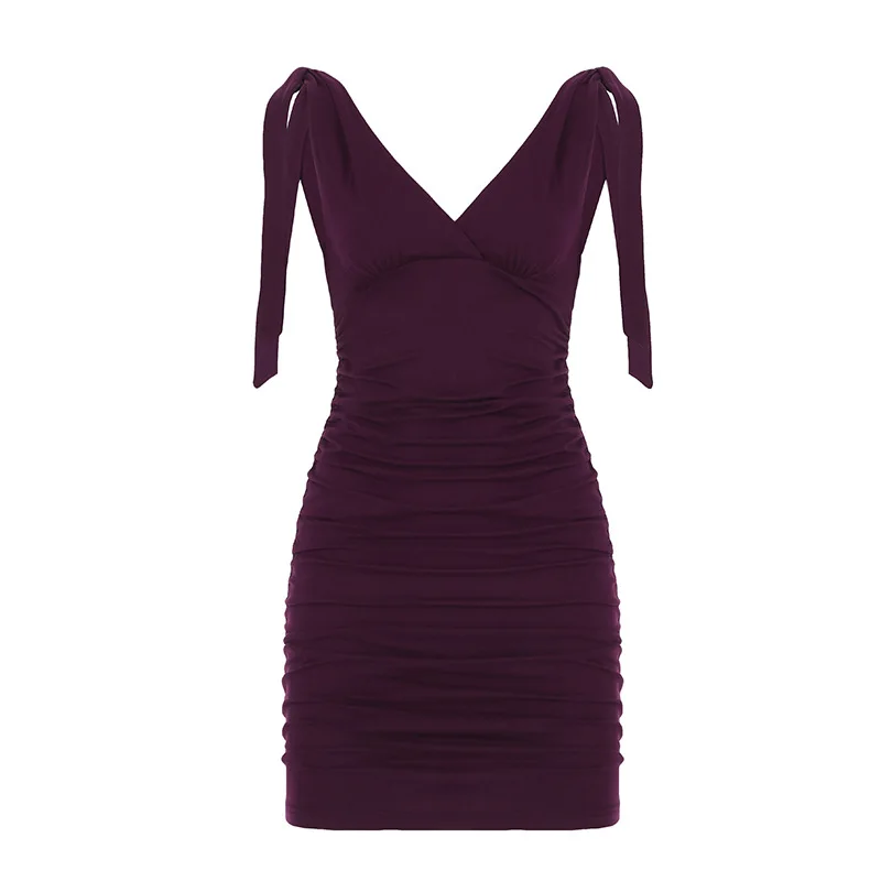 V ネックオープンバックファッションシュリンクフォールドウエストバッグヒップスカート夏の純粋な欲望シスタースタイルドレス