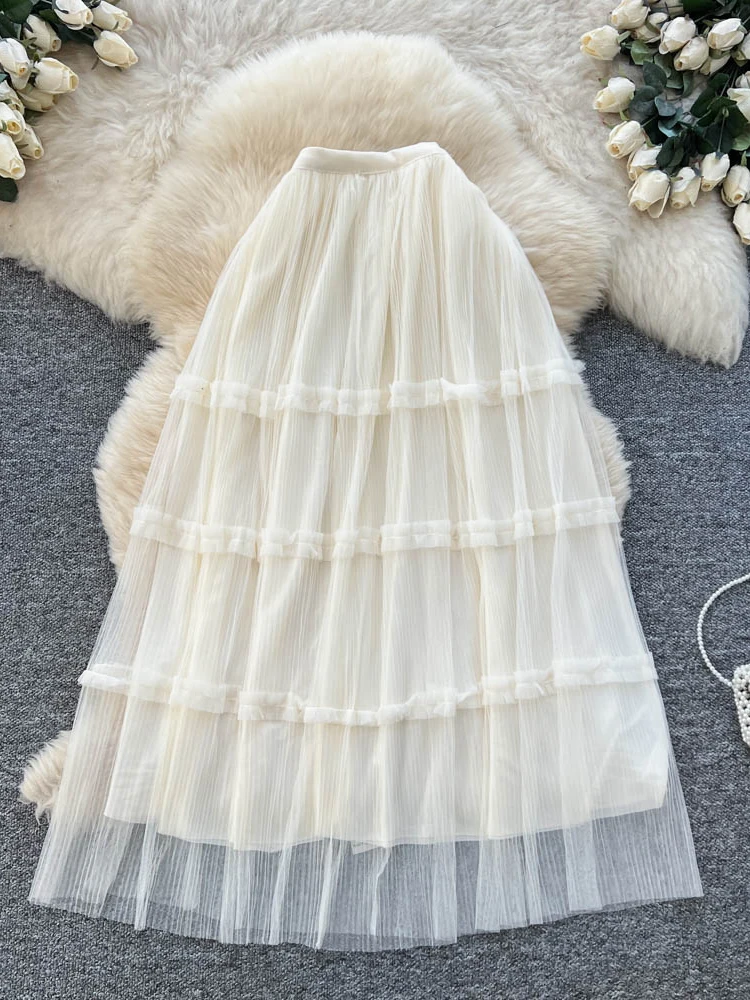 

Korean Sle High Waist Me Multi-Layer Lace Hem Cake Skirt Women's Casual Sle A-Line Skirt Slimming Commuter Long Skirt
