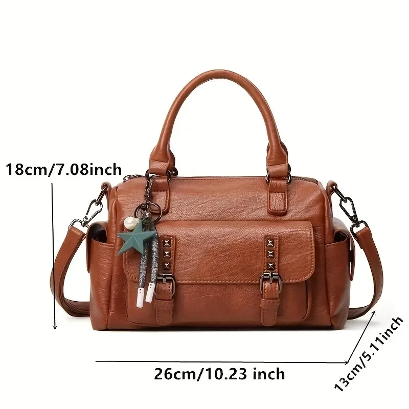 Vintage Multi-Pocket Design Leather Bolton Handbag with Pendant Tote Bag Women\'s Shoulder Bag