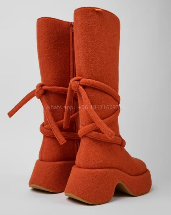 Cute Suede Orange Platform Design Boots Round Toe Mid-calf Zip Wedges Warm Boots High Heel Shoes Dress 2024