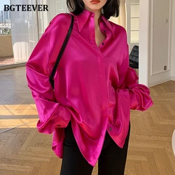 BGTEEVER Stylish Single-breasted Female Satin Blouses Tops Long Sleeve Loose Solid Women Shirts Spring Ladies Blusas