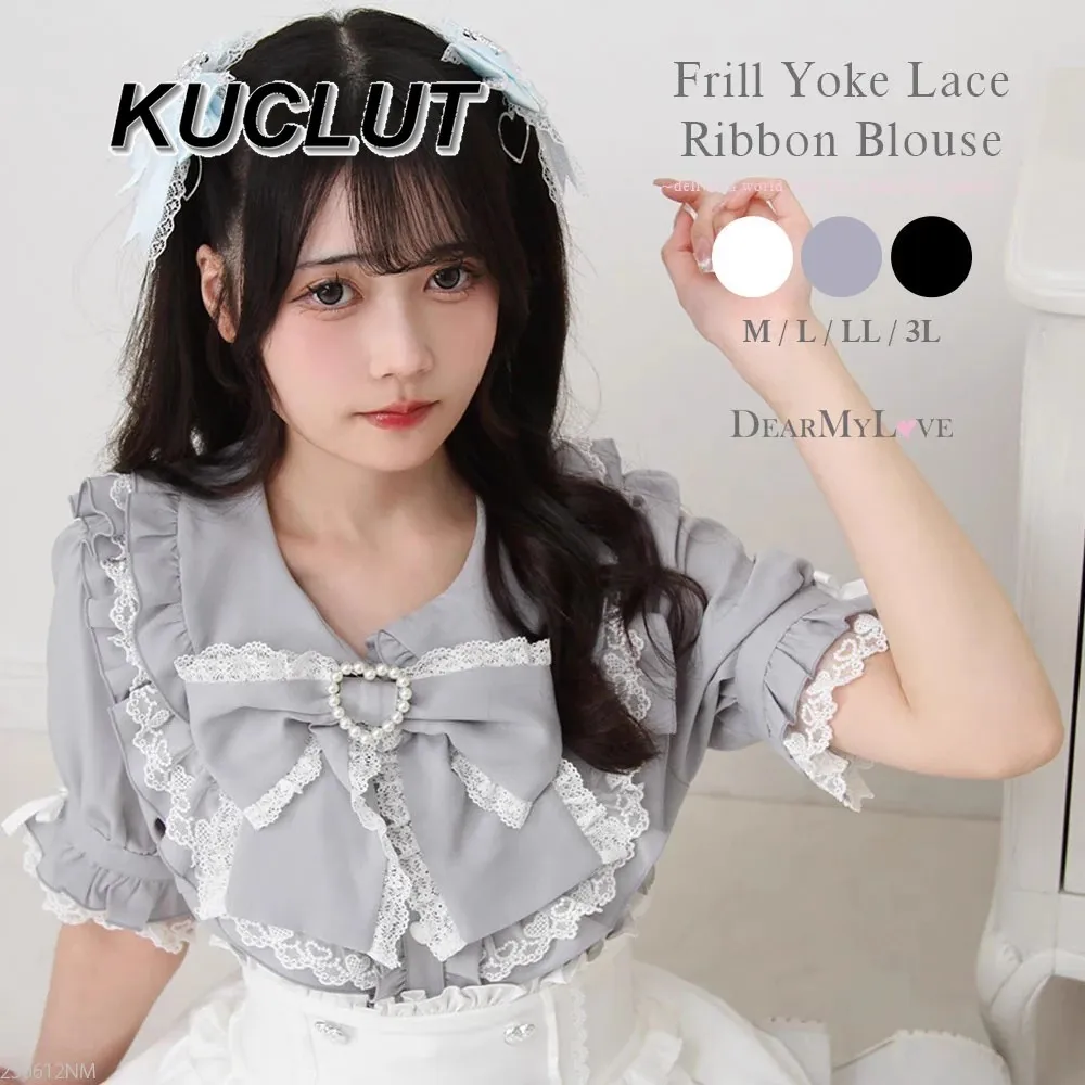 

2025 New Japanese Style Sweet Summer Women's Tops New Heavy Industry Casual Shirts Bow Cute Lace Edge Short Sleeve Blouses