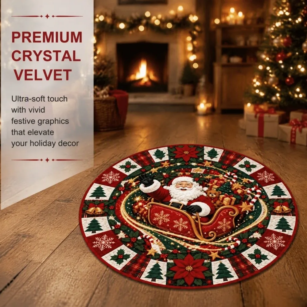 2D Flat Printed Christmas Rug Non-Slip Velvet 3D Illusion Rug Floor Mat Santa Claus Round Vortex Carpet Kitchen