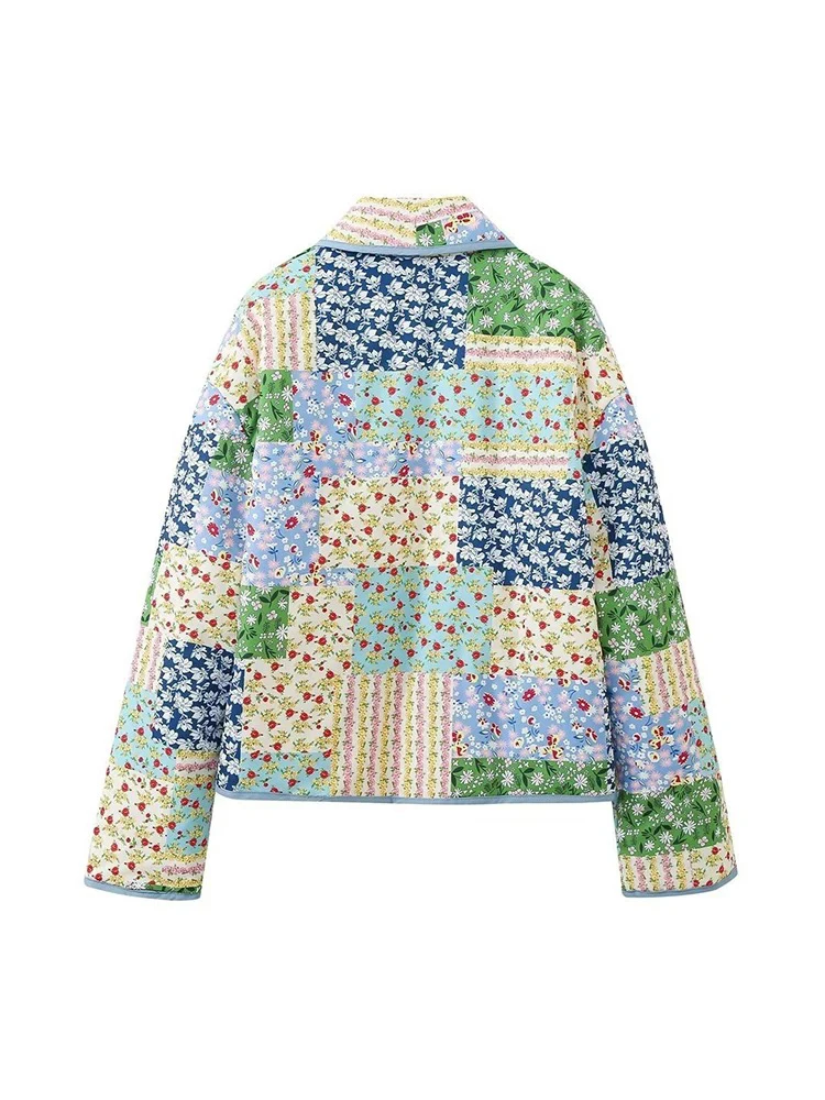 Women's Warm Single Breasted Casual Jacket Retro Splicing Printed Cotton Clothes Temperament Lapel Women's Loose Jacket