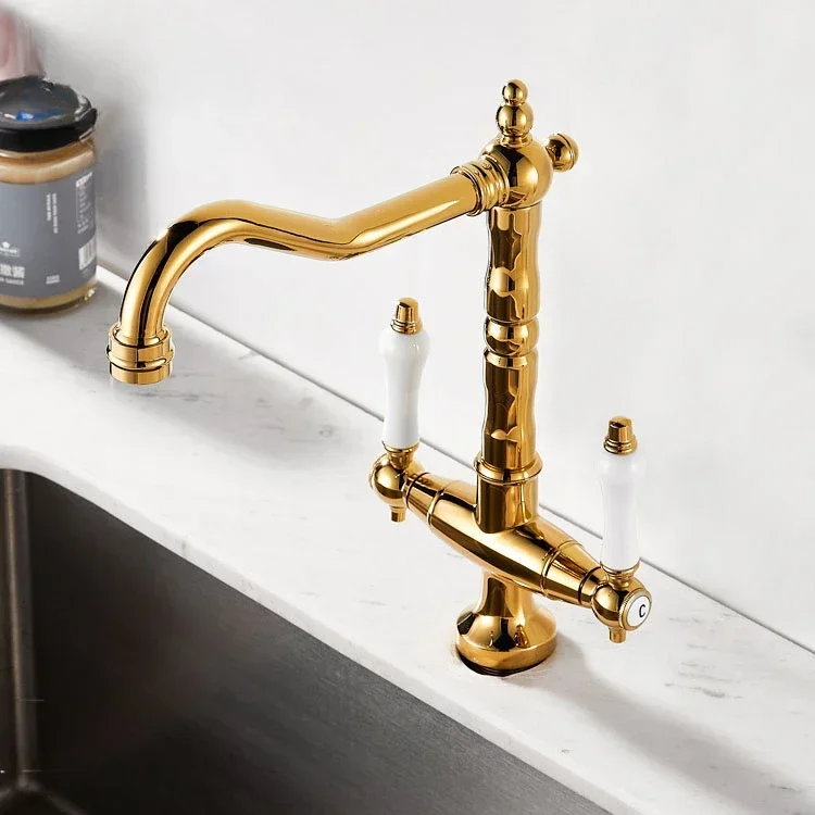 Brass French antique faucet European gold double handle single hole kitchen sink dish basin with spray