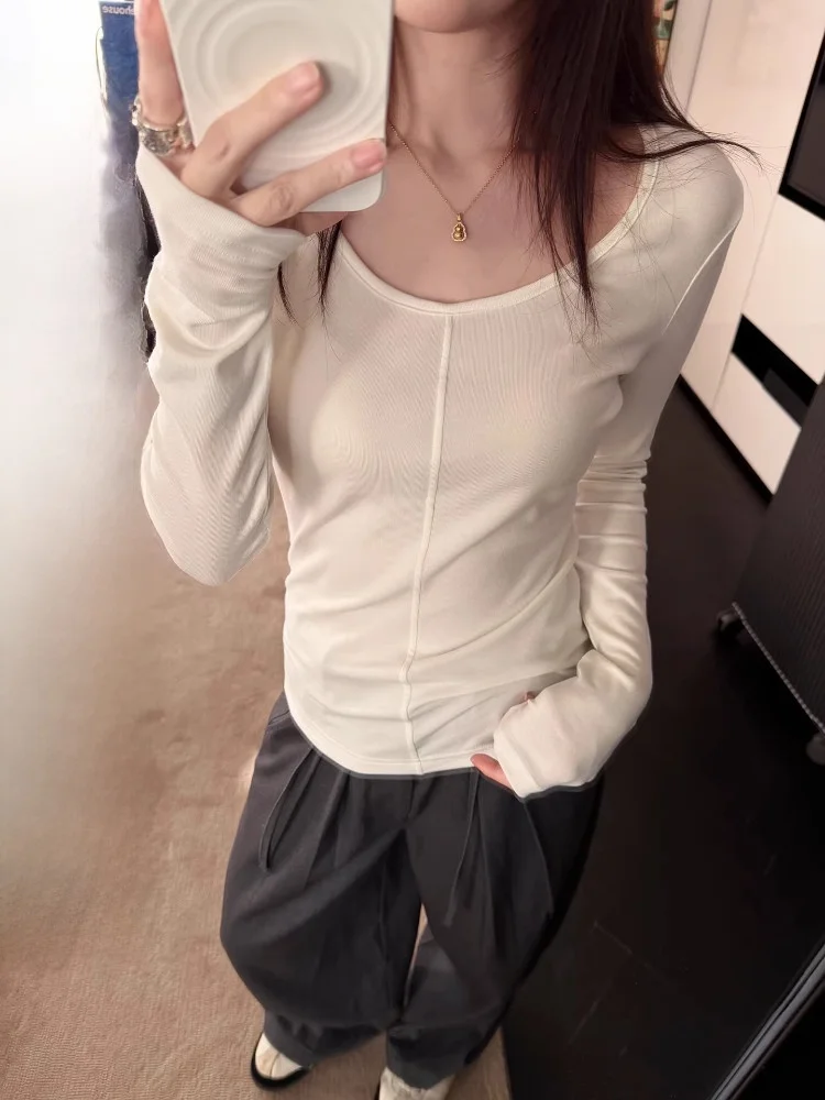 

EKOOL Women's Slim Fit Long Sve U-Ne T-irt Korean Sle Wool Blend Knitted Top Versatile Early Spring Faion Ciwalk