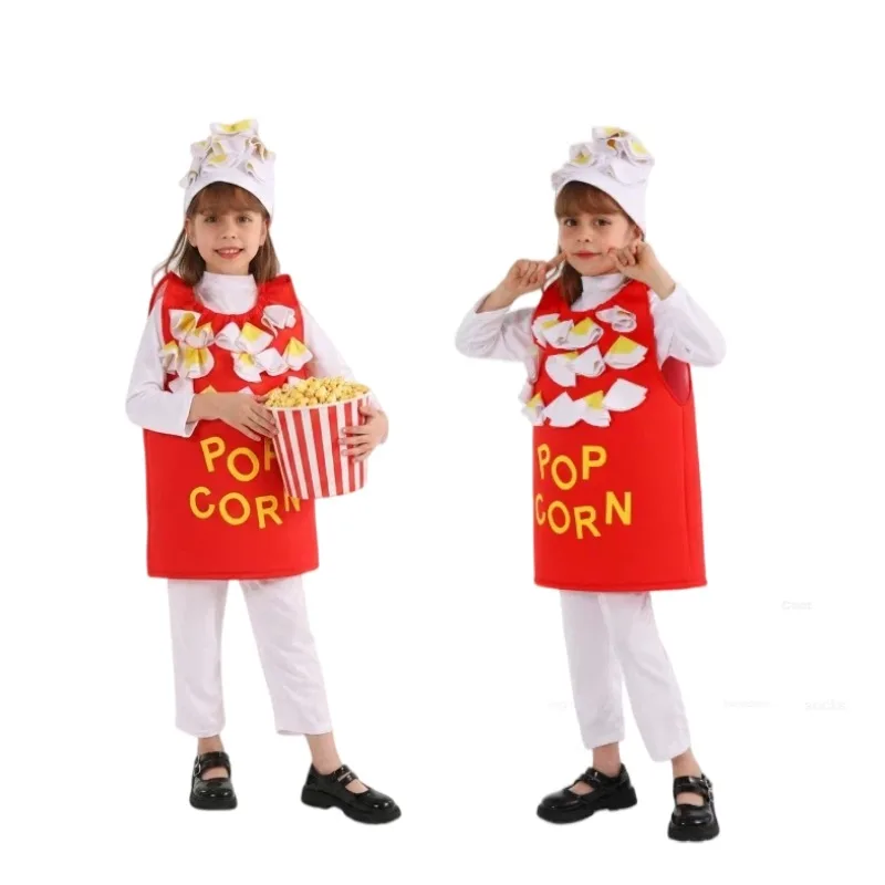 

Boys Girls Halloween Food Costume Popcorn Cosplay Costumes School Stage Performance Role Play Festival Carnival Fun Set