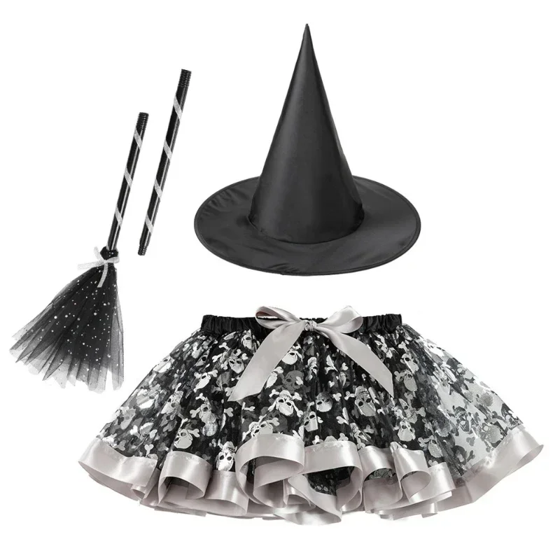 Cosplay Girls Halloween costume witch theme party Carnival sorceress roleplay clothes props print mesh tutu skirt with hat broom