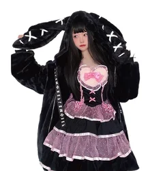 Abrigo de piel sintética con Orejas de conejo para niña, chaqueta acolchada con capucha, estilo japonés, Harajuku, Otoño e Invierno
