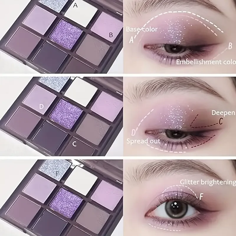 Purple and Pink glitter eye shadow Plate - 9-18 color, durable waterproof, matte and shimmer, smoky festival color plate