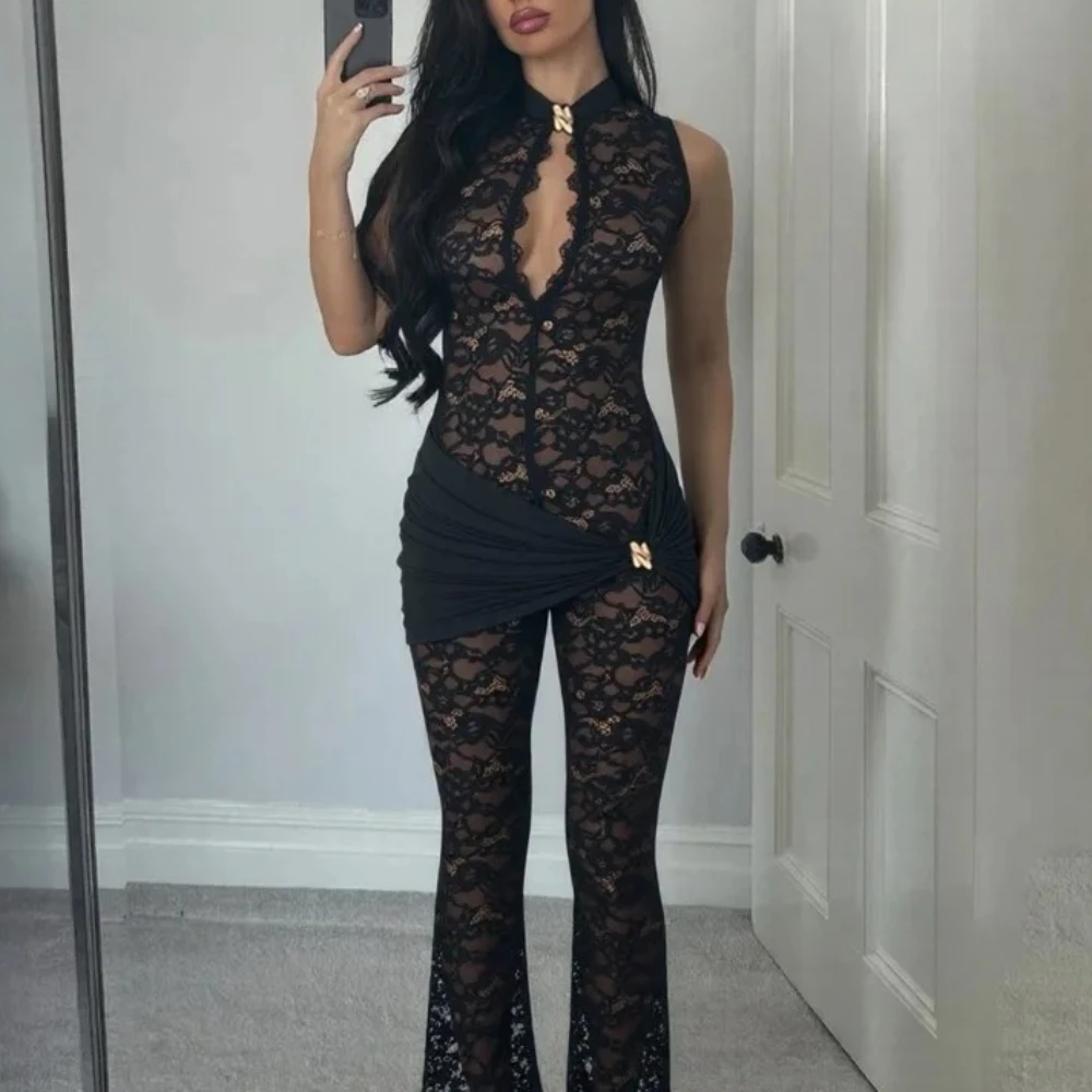 

Женские сексуальные комбинезоны с металлической пряжкой и рюшами в стиле пэчворк, прозрачные кружевные комбинезоны с высоким воротником, без рукавов, тонкие клубные вечерние комбинезоны