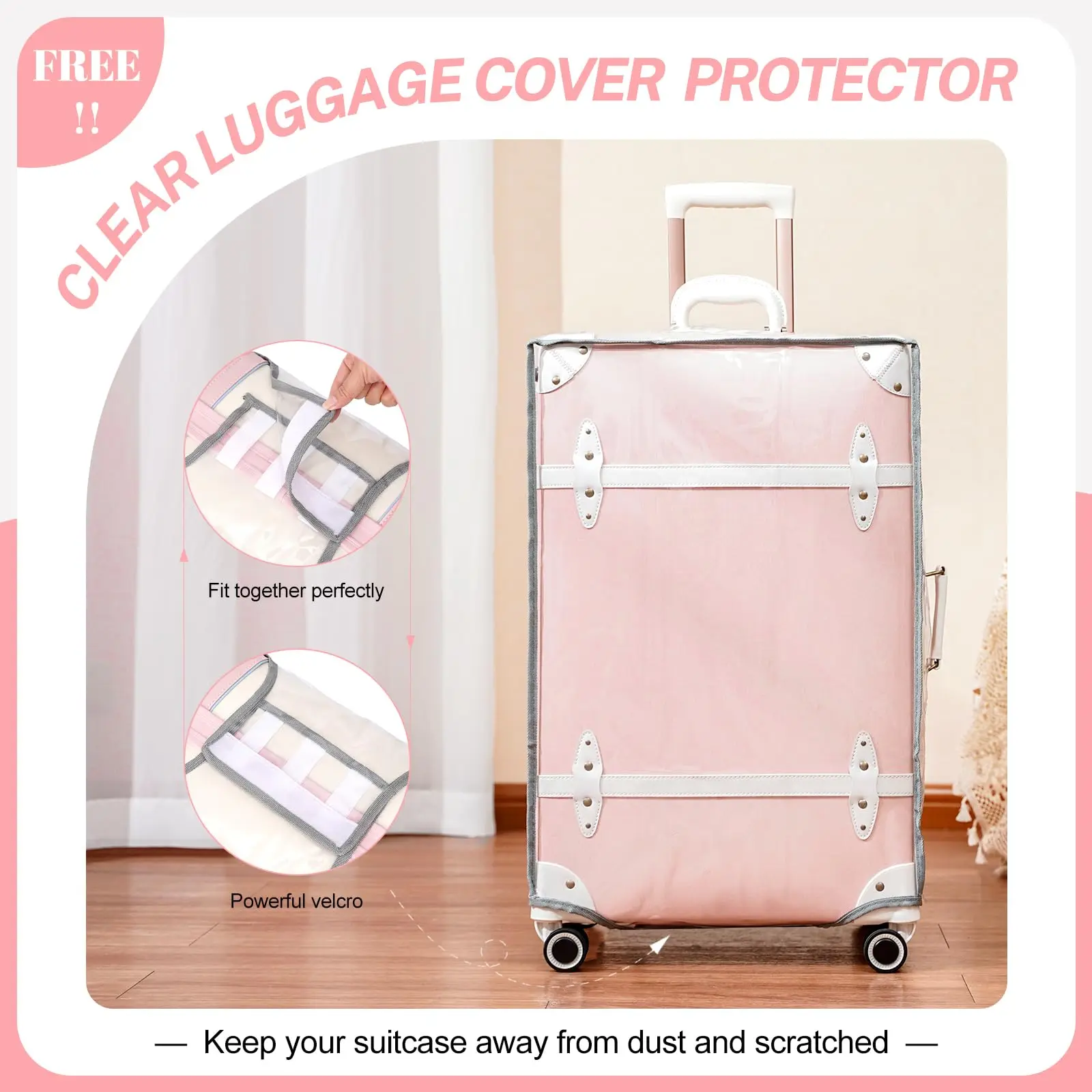 Urecity Retro Travel Suitcase Set of 2 Vintage Rolling Luggage for Women and Men Cute Trolley Suitcases With Handbag