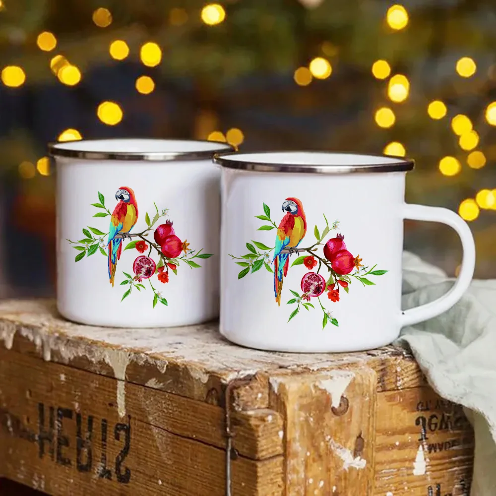 Tourist Mug Beer Cup Parrot and Pomegranate Enamel Mug Coffee Mugs Unusual Tea Cup Personalized Gift Drinkware Custom Cups Gifts