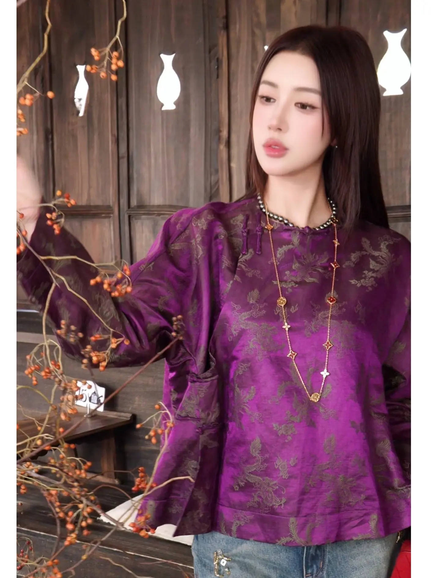 

Gyantong Dragon And Phoenix Flourish round Neck Shirt New Fashionable Top Silk Blend Long Sleeve Traditional Chinese Style Wo...