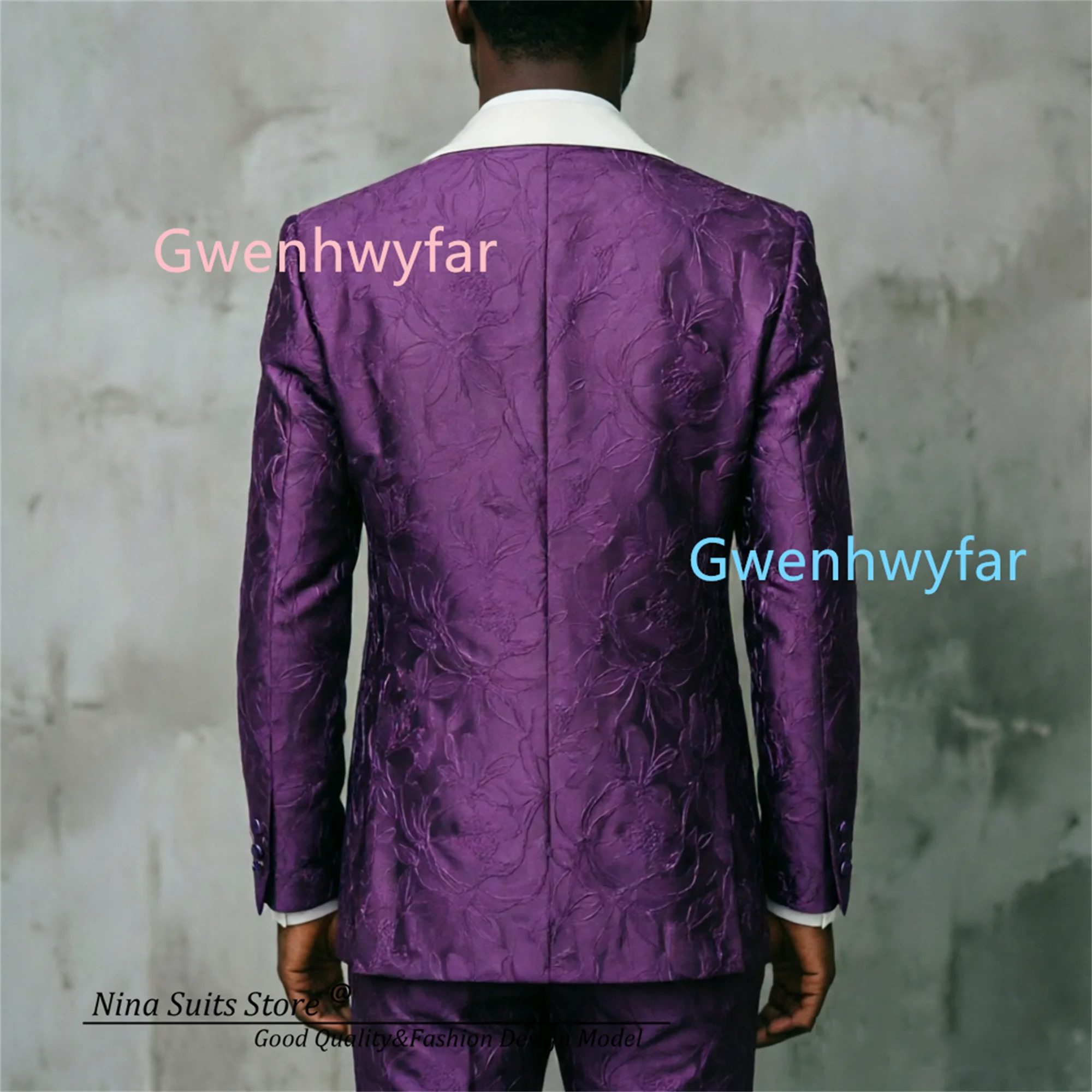 G&N Bespoke Deep Purple Jacquard Suit 3-piece set 2026 Peony Flower Pattern Elegant Men's Fashion including Jacket, Vest, Pants