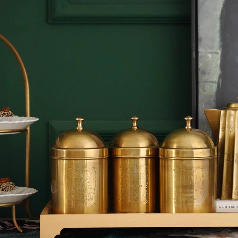 

Европейская и американская латунная ретро-чайная банка ручной работы, кофейная банка, сахарный бак, набор резервуаров для хранения