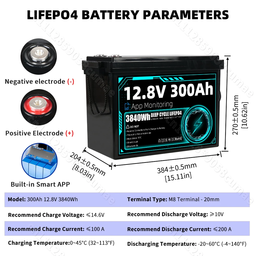Grade A 12.8V 300Ah Lifepo4 3840Wh Battery 8000+ Cycles Rechargeable LFP batteries Built-in 4S 200A BMS IP65 Protection Safety and Environmental Protection Ithium Iron Phosphate Cell Pack For Trolling Motors Marine Home Energy Storage EV RV