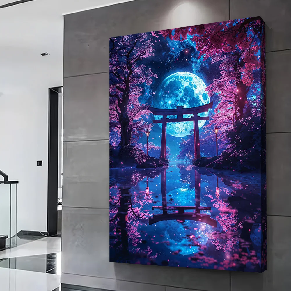 Enchanted Moonlit Torii Poster Customizable Printed Canvas Painting for Pictures Wall Art Decoration Living Room Home Decor Arts