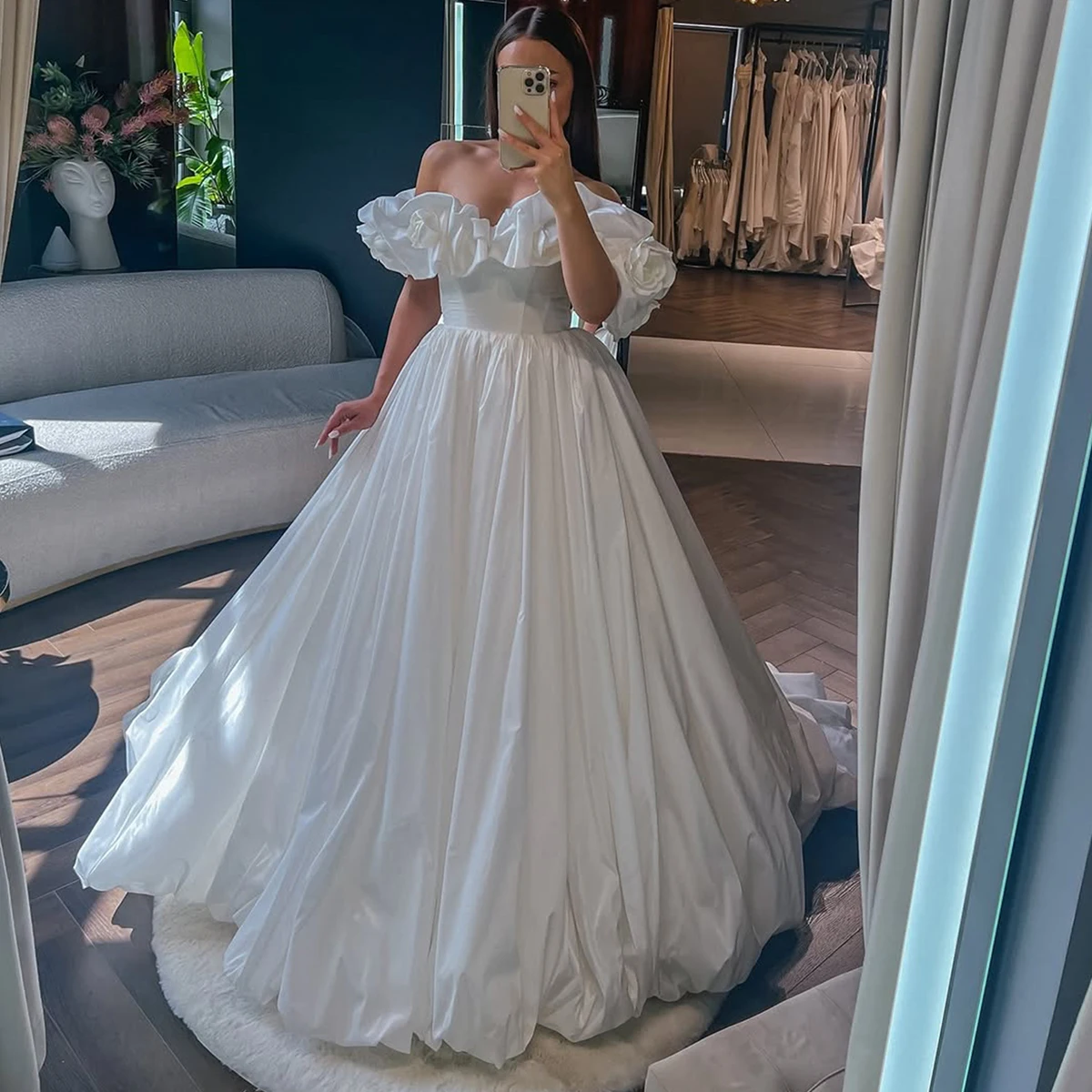 

Simple Satin Long Puffy Ball Gown Wedding Dresses For Bride A Line Off Shoulder Bridal Party Gown With Train Vestidos Novia