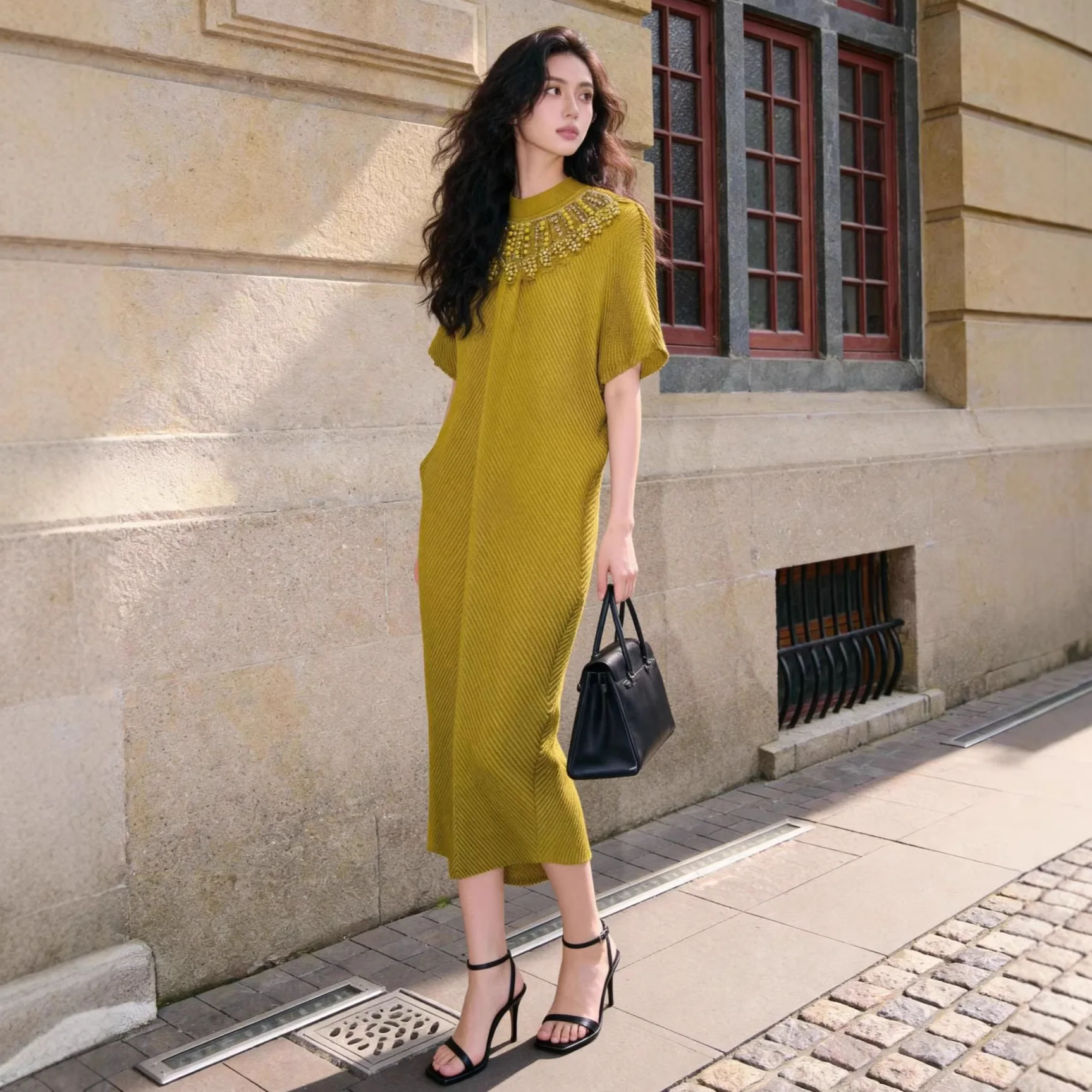 

Miyake Pleated Temperament Dress Loose Elegant Decoration High Stretch Pleated Bat Sleeve Straight Skirt Flesh Covering Skirt