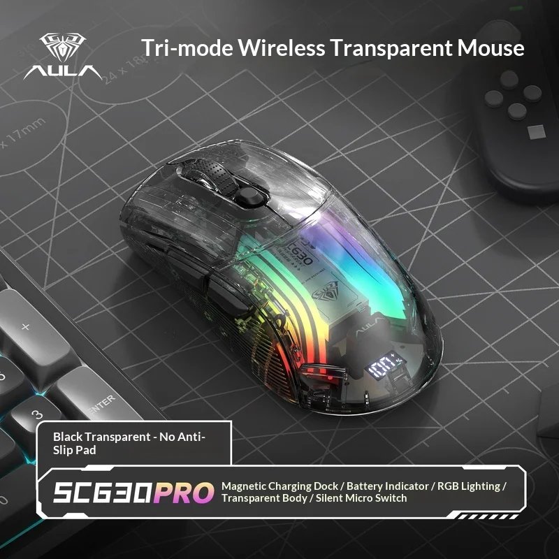 AULA SC630 Pro Transparent Gaming Mouse Tri Mode 24G Bluetooth Wired Wireless With Charging Dock For Desktop Laptop Office