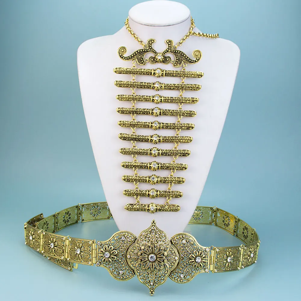 Poyasa Vintage Caucasian Belt Chest Armor Necklace Bridal Wedding Jewelry Sets For Women Traditional Bijoux Adjustable Length