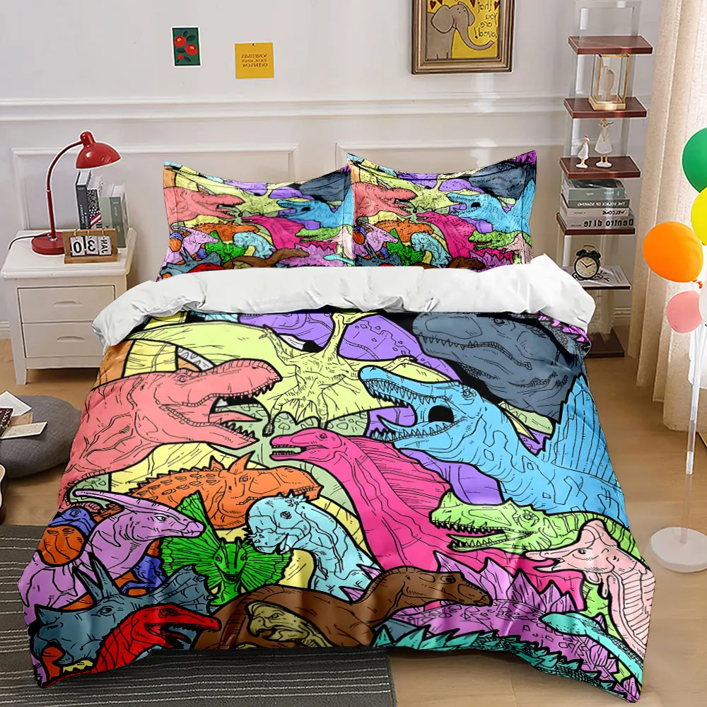 Colorful Dinosaur Cartoon Illustration Print Bedding Set 1Duvet Cover 2 Pillowcases for Adult and Children Luxury Gift Full Size