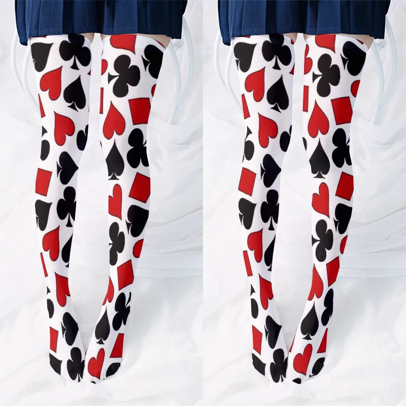 Playing Card Printed Thigh Stockings Ladies Fashion Sexy Red Heart Sweet Stockings Halloween Cosplay Calf Socks High Quality