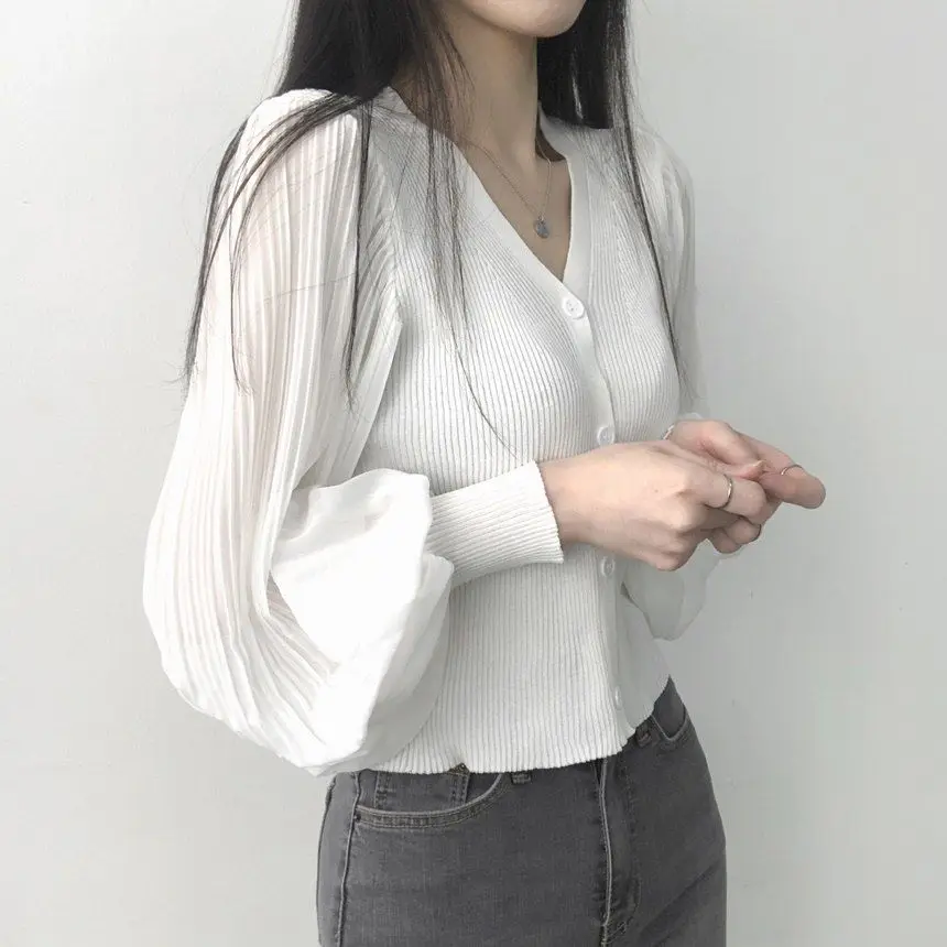 V Neck Solid Button Pleated Patchwork Temperament Tops Spring Autumn Long Sleeve Elegant T Shirts Fashion Korean Women Clothing 12 Se62fddf687b142cf97d1dbbdada1cf5aK